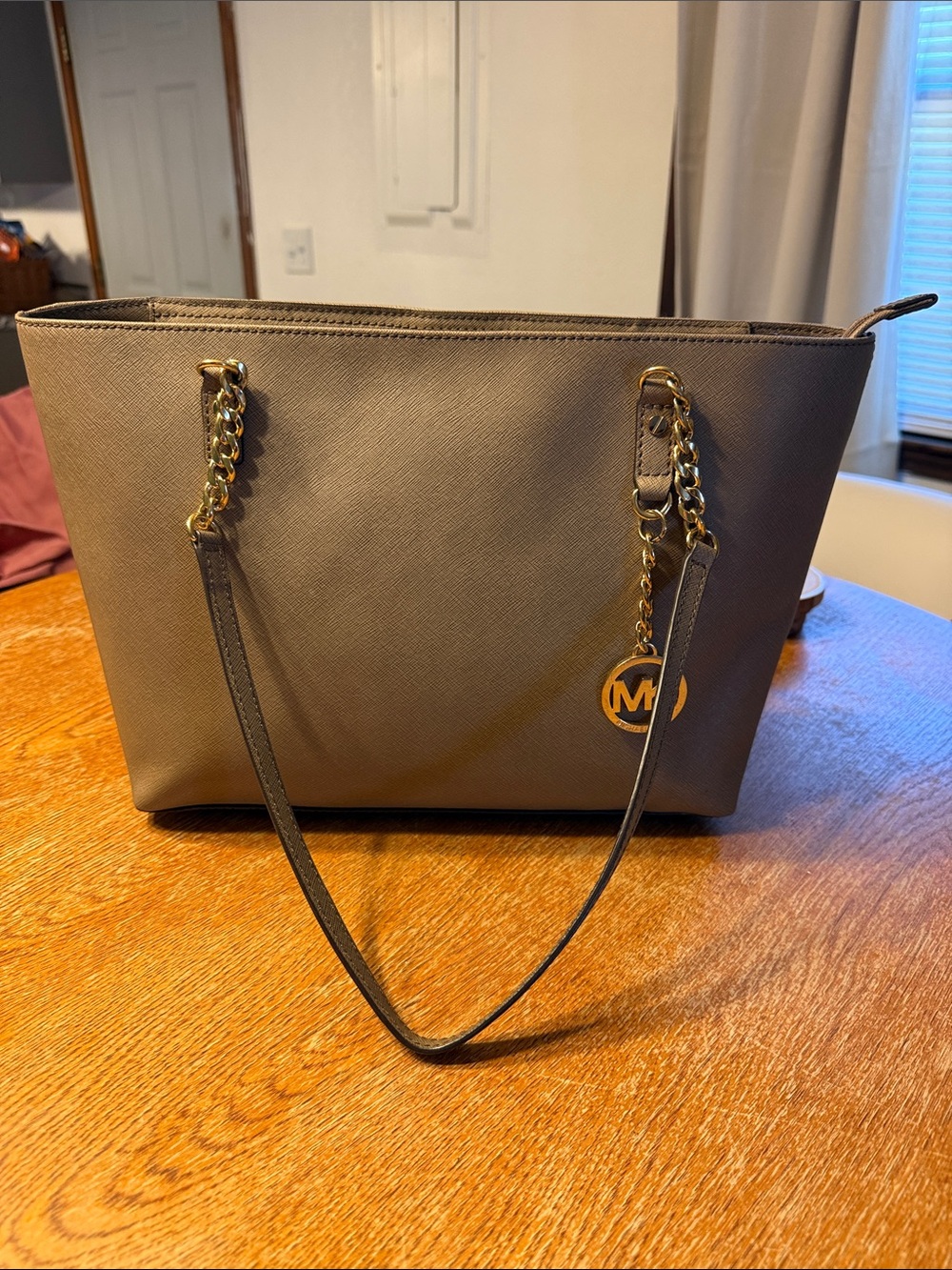 Michael Kors Taupe Saffiano Chain-Strap Tote with Gold Hardware